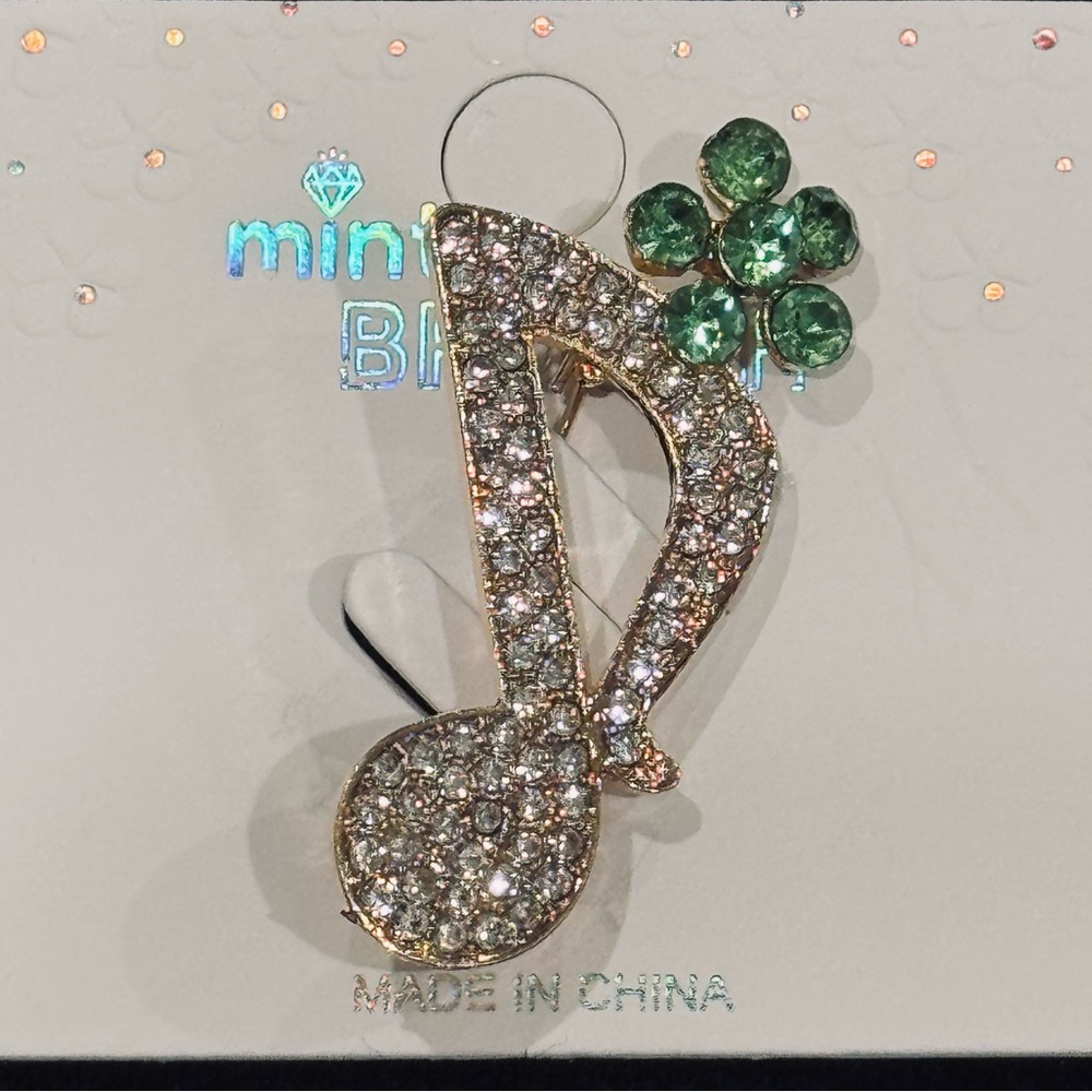 NWT Mint Rhinestone Music Note & Flower Brooch Pin Green - Picture 3 of 8